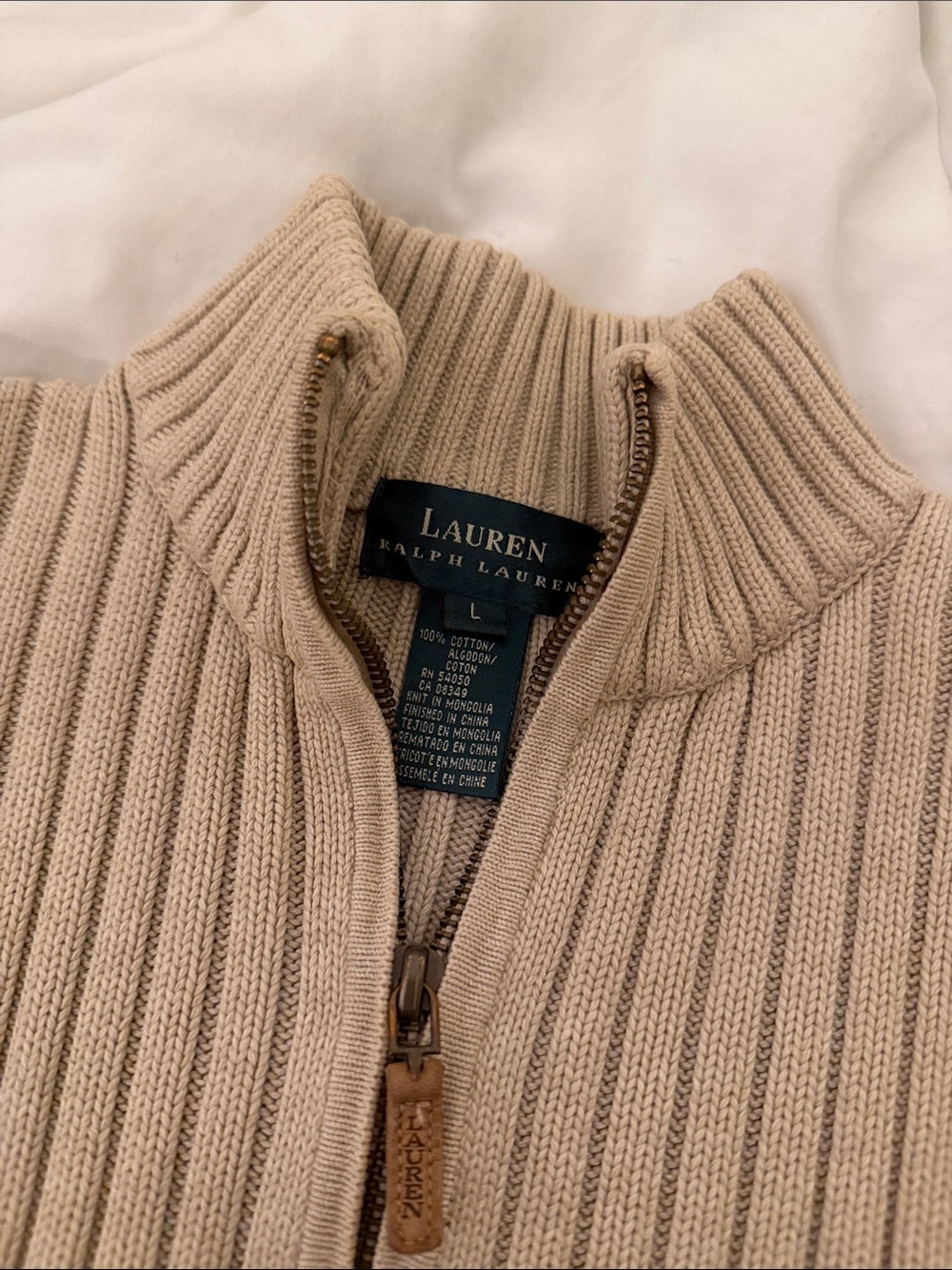 Vintage Lauren Ralph Lauren Full-Zip Ribbed Knit Sweater - Beige - Picture 3 of 5